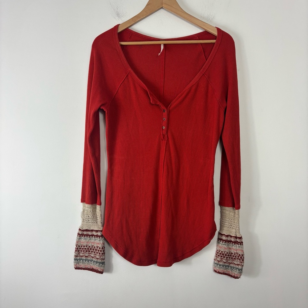 Free People Red Long Sleeve Top with Patterned Cuffs